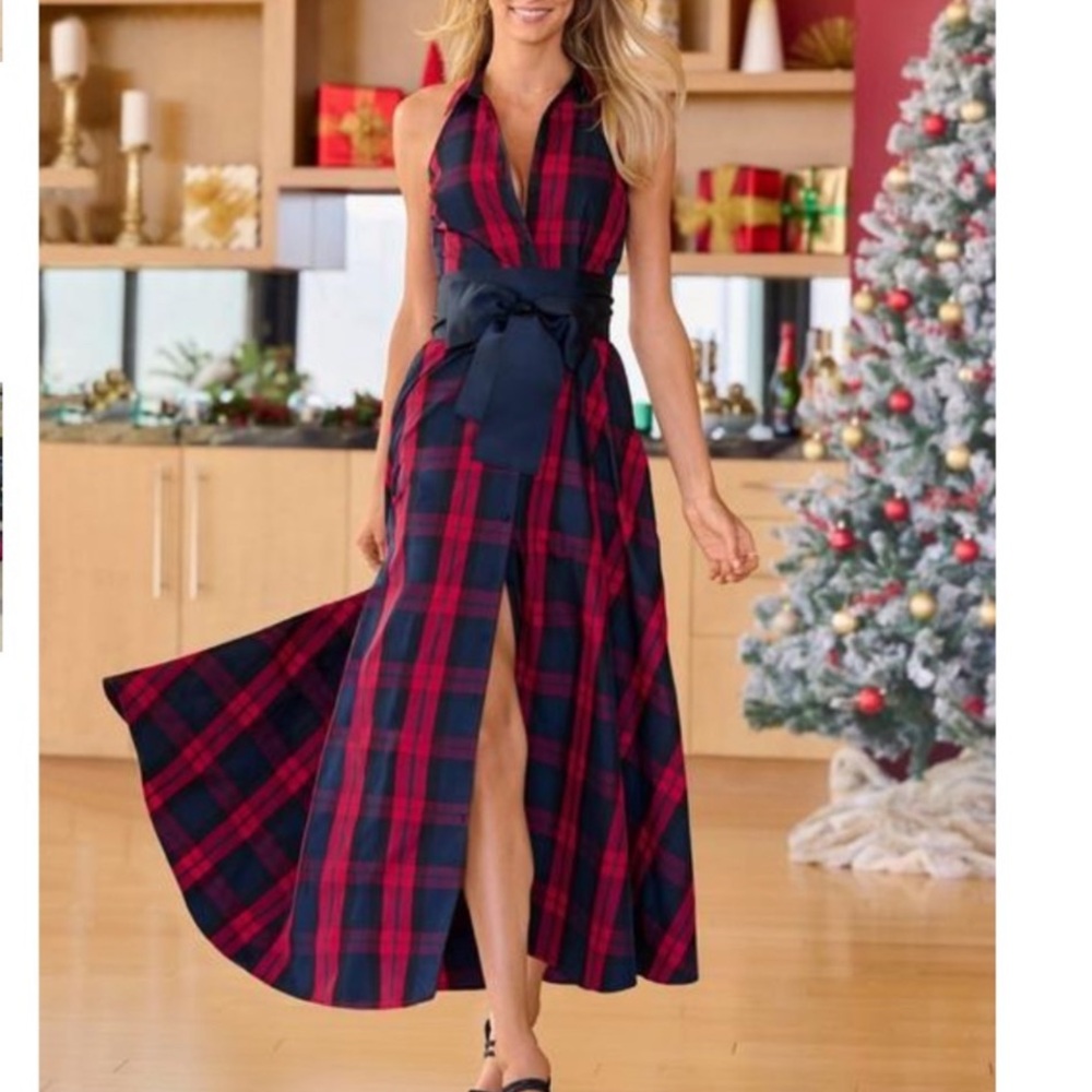 Boston Proper Plaid Shirt Dress size 6 Brand New Multi Red & Navy Brocade Sash - Picture 2 of 4